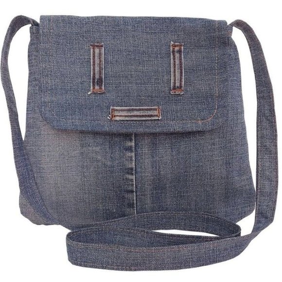 Blue Denim Crossbody Messenger Bag Pockets Lightweight One Of A Kind - Picture 1 of 4
